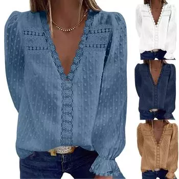 Женская модная кружевная топ с v-образным вырезом, шифоновая однотонная футболка с длинным рукавом