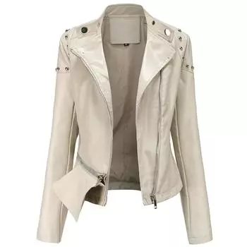 Женская модная куртка из искусственной кожи на молнии из искусственной кожи, байкерская заклепка с рюшами на плечах, укороченное тонкое мотоциклетное пальто, повседневная короткая верхняя одежда на осень-весну S белый