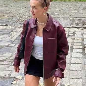 Женская модная куртка из искусственной кожи, осенняя, элегантная, однотонная, свободная, на молнии, короткое пальто, длинный рукав, отложной воротник, уличная верхняя одежда S бордовый