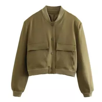 Женская модная куртка-пальто с большими карманами, короткими длинными рукавами и застежкой на пуговицы L армия зеленый