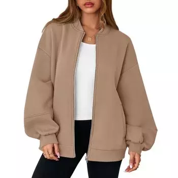 Женская модная куртка с длинным рукавом, однотонная, с круглым вырезом, свободного кроя оверсайз на молнии L коричневый