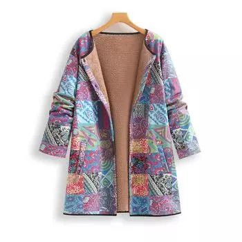 Женская модная куртка с длинным рукавом, теплая, с принтом из искусственной оленьей кожи, с винтажными вставками и полосками L синий