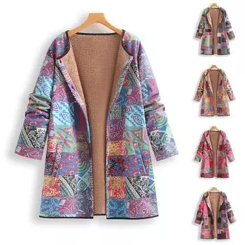 Женская модная куртка с длинным рукавом, теплая, с принтом из искусственной оленьей кожи, с винтажными вставками и полосками L синий