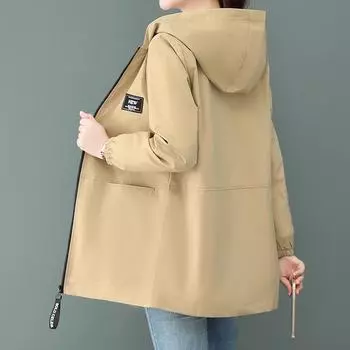 Женская модная куртка с капюшоном и двумя боковыми карманами, верхняя одежда на молнии, повседневная свободная ветровка средней длины M чёрный