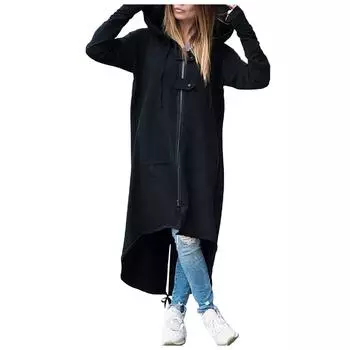 Женская модная куртка с капюшоном с длинным рукавом, длинное однотонное пальто с карманом XXL чёрный