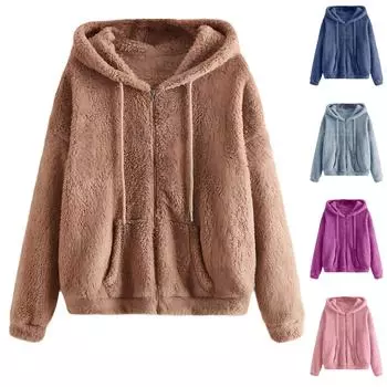 Женская модная куртка с застежкой-молнией и приспущенным плечом, с капюшоном и завязками на шнурке, с длинными рукавами из плюша L хаки