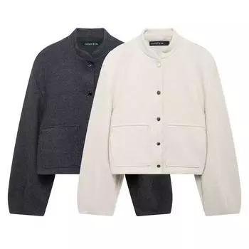 Женская модная куртка в европейском и американском стиле - потайные пуговицы, имитация шерсти, универсальный темперамент (Модель 8741279) M темно-серого