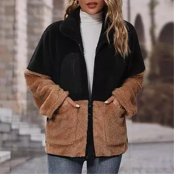 Женская модная куртка, зимняя куртка с длинными рукавами и цветными блоками, двустороннее плюшевое пальто с изображением кота S кофейный