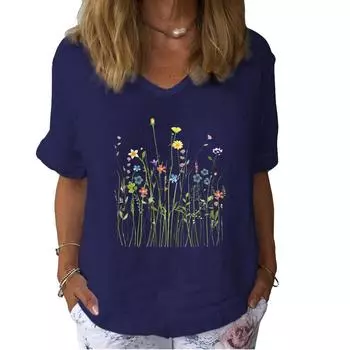 Женская модная льняная блузка, летняя повседневная футболка с короткими рукавами, женский пуловер с цветочным принтом, свободный топ S