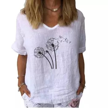 Женская модная льняная блузка, летняя повседневная футболка с коротким рукавом, женский пуловер с цветочным принтом, свободный топ S