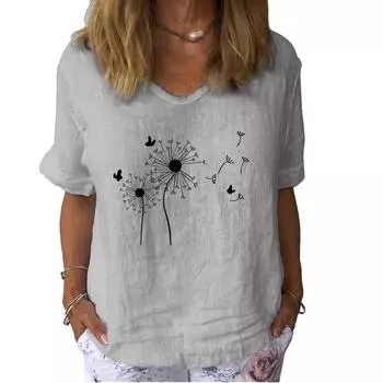 Женская модная льняная блузка, летняя повседневная футболка с коротким рукавом, женский пуловер с цветочным принтом, свободный топ S