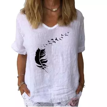 Женская модная льняная рубашка с принтом, летняя повседневная рубашка с коротким рукавом, женский пуловер с цветочным принтом, свободная блузка S