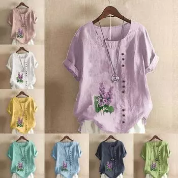 Женская модная лавандовая футболка с круглым вырезом и коротким рукавом, повседневная хлопковая льняная рубашка с рисунком, свободная летняя блузка, топы S розовый