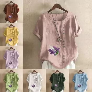 Женская модная лавандовая футболка с круглым вырезом и коротким рукавом, повседневная хлопковая льняная рубашка с рисунком, свободная летняя блузка, топы S розовый
