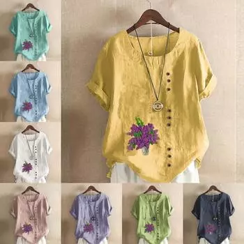 Женская модная лавандовая футболка с круглым вырезом и коротким рукавом, повседневная хлопковая льняная рубашка с рисунком, свободная летняя блузка, топы S розовый