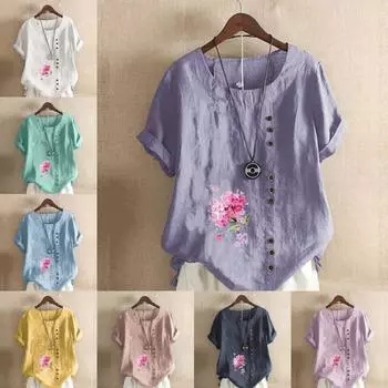 Женская модная лавандовая футболка с круглым вырезом и коротким рукавом, повседневная хлопковая льняная рубашка с рисунком, свободная летняя блузка, топы S розовый