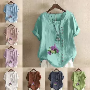 Женская модная лавандовая футболка с круглым вырезом и коротким рукавом, повседневная хлопковая льняная рубашка с рисунком, свободная летняя блузка, топы S розовый
