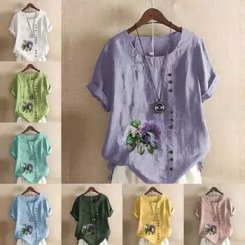 Женская модная лавандовая футболка с круглым вырезом и коротким рукавом, повседневная хлопковая льняная рубашка с рисунком, свободная летняя блузка, топы S розовый