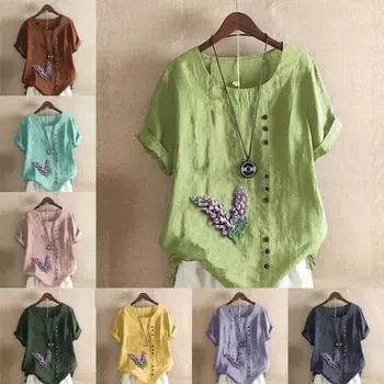 Женская модная лавандовая футболка с круглым вырезом и коротким рукавом, повседневная хлопковая льняная рубашка с рисунком, свободная летняя блузка, топы S розовый