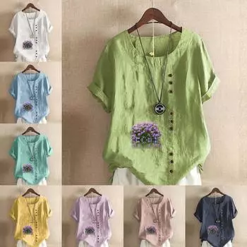 Женская модная лавандовая футболка с круглым вырезом и коротким рукавом, повседневная хлопковая льняная рубашка с рисунком, свободная летняя блузка, топы S розовый
