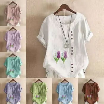 Женская модная лавандовая футболка с круглым вырезом и коротким рукавом, повседневная хлопковая льняная рубашка с рисунком, свободная летняя блузка, топы S розовый