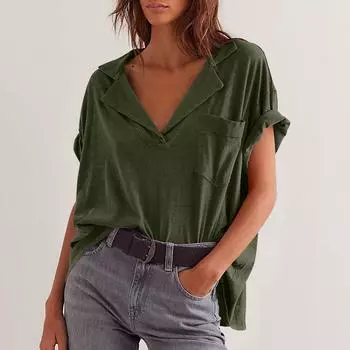 Женская модная летняя футболка с V-образным вырезом и карманом S