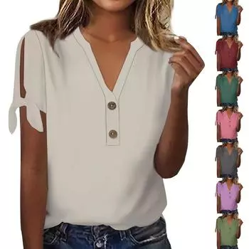 Женская модная летняя футболка с v-образным вырезом и бантом с коротким рукавом, однотонная футболка на пуговицах, топ L армия зеленый