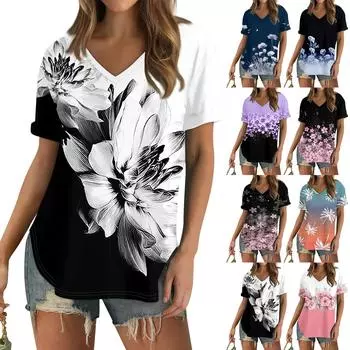 Женская модная летняя футболка с v-образным вырезом, повседневный топ с цветочным принтом и закатанными рукавами L чёрный
