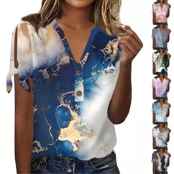 Женская модная летняя футболка с v-образным вырезом и бантом с коротким рукавом и градиентным принтом на пуговицах Топ L синий