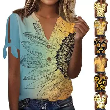 Женская модная летняя футболка с v-образным вырезом и бантом с коротким рукавом и принтом подсолнечника на пуговицах Топ L чёрный