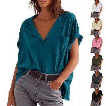 Женская модная летняя футболка с V-образным вырезом и карманом M бежевый