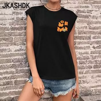 Женская модная летняя футболка, жилет с круглым вырезом и принтом, футболка без рукавов