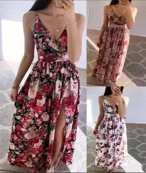 Женская модная летняя повседневная одежда с глубоким v-образным вырезом без рукавов с цветочным принтом, длинные тонкие бретельки, тонкое пляжное праздничное платье S белый
