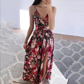 Женская модная летняя повседневная одежда с глубоким v-образным вырезом без рукавов с цветочным принтом, длинные тонкие бретельки, тонкое пляжное праздничное платье S красный
