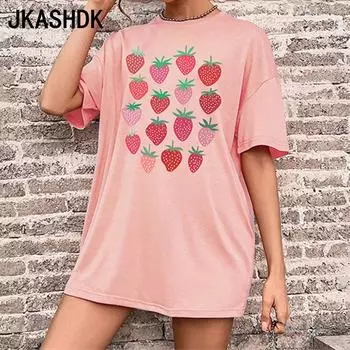 Женская модная летняя рубашка с клубничным принтом, футболки и топы с круглым вырезом и короткими рукавами