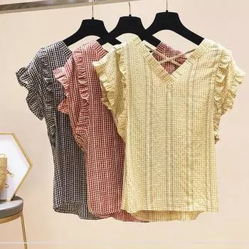 Женская модная летняя рубашка в клетку, блузка в сетку с короткими рукавами в корейском стиле M красный