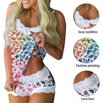 Женская модная летняя сексуальная пижама с сердечком-бабочкой, топ и шорты, пижамный комплект, кружевное нижнее белье, майка, майка, одежда для сна S белый