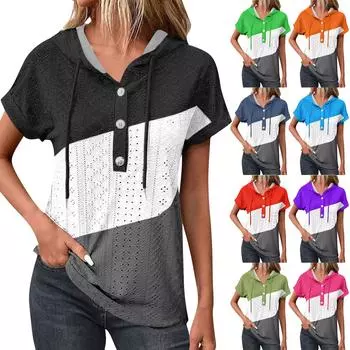 Женская модная летняя толстовка с капюшоном в стиле пэчворк, свободная футболка на пуговицах, топ с короткими рукавами