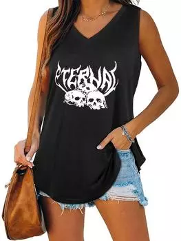 Женская модная майка, летняя повседневная футболка без рукавов с v-образным вырезом, жилет с принтом, рубашка, свободная майка Laides S чёрный