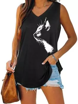 Женская модная майка, летняя повседневная футболка без рукавов с v-образным вырезом, жилет с принтом, рубашка, свободная майка Laides S чёрный