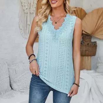 Женская модная майка с v-образным вырезом, футболка, кружевной топ без рукавов, размер США XXL небесно-голубой