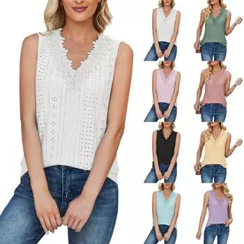 Женская модная майка с v-образным вырезом, футболка, кружевной топ без рукавов, размер США