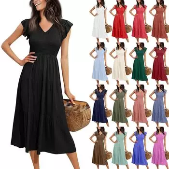 Женская модная модель V-образным вырезом, плиссированные рукава-крылышки, однотонные повседневные платья L армия зеленый