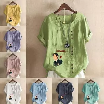 Женская модная мужская футболка с круглым вырезом и коротким рукавом, повседневная хлопковая льняная рубашка с рисунком, свободная летняя блузка, топы S розовый