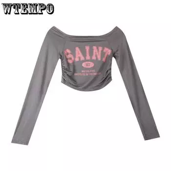 Женская модная нишевая футболка с длинными рукавами и воротником с буквенным принтом, плиссированная эластичная короткая футболка с длинными рукавами S серый