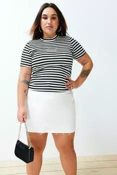 Женская модная новая футболка большого размера, черно-белая полосатая трикотажная футболка с вышивкой