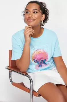 Женская модная новая футболка большого размера, голубая, свободная, широкая и удобная трикотажная футболка из 100% хлопка с принтом, с круглым вырезом
