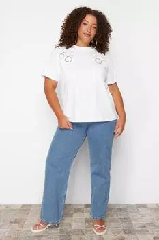 Женская модная новая футболка большого размера, белая трикотажная футболка бойфренда с вышивкой