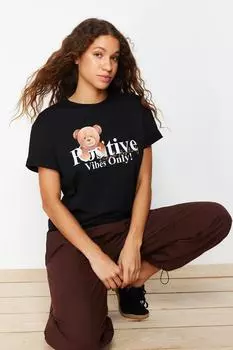Женская модная новая футболка, черная, 100% хлопок, непринужденная удобная трикотажная футболка с круглым вырезом и принтом