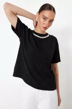 Женская модная новая футболка, черная, из 100% хлопка, с вышивкой под старину, с эффектом выцветания, расслабленная удобная трикотажная футболка с узором